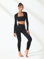 SHEIN Leisure Solid Square Neck Crop Tee & Cut Out Waist Leggings