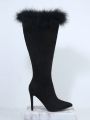 Fuzzy Trim Stiletto Heeled Boots