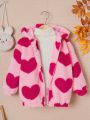 SHEIN Young Girl Heart Pattern Hooded Teddy Jacket Without Sweater