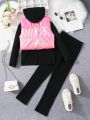 SHEIN Kids Cooltwn Tween Girl 1pc Solid Vest Jacket & Hoodie & 1pc Pants