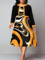 Plus Size Full Print Dress And Short Jacket 2pcs/Set