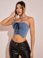 Lace Up Front Asymmetrical Hem Denim Top