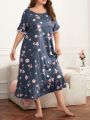 Plus Heart Print Lace Trim Ruffle Hem Nightdress