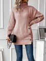 Turtleneck Drop Shoulder Button Detail Sweater