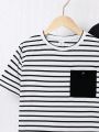 SHEIN Kids Academe Tween Boys' Loose Fit College Style Round Neck Striped Short Sleeve T-shirt 2pcs/set