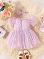 Baby Girl Dobby Mesh Overlay Puff Sleeve Ruffle Trim Dress