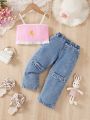 Young Girls' Fashionable Lace Trimmed Camisole Top And Distressed Jeans Set