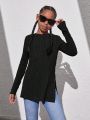 SHEIN Kids Cooltwn Tween Girls' Casual Solid Color Round Neck Long Sleeve Split Side T-Shirt, Warm Winter