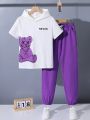 SHEIN Kids EVRYDAY Tween Boys' Loose Casual Bear & Letter Printed Short Sleeve Hoodie And Jogger Pants Set