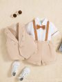 SHEIN 4pcs/Set Baby Boy's Gentleman Style Shirt With Small Bow Tie, Turn Down Collar, Shorts, And Vest With Suspenders