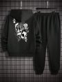 SHEIN Extended Sizes Men's Plus Size Printed Hoodie And Sweatpants Two Piece Set
