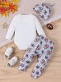 SHEIN Baby Boys' Letter Printed Romper And Long Pants Casual Daily Outfit Set