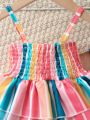 Baby Block Striped Shirred Peplum Waist Combo Bodysuit Dress With Headband