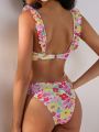 SHEIN Swim Mod Women'S Flower Print Ruffled Swimsuit Set
