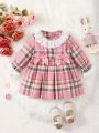 Baby Girl Plaid Print Ruffle Trim Bow Front Dress