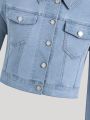 Teen Girls' Basic Casual Comfortable Water Washed Light Blue Stretch Denim Jacket, Daily Outfit