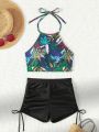 SHEIN Swim Vcay Women'S Leaf Pattern Cami Vest Style Bikini Set