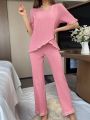 Ladies' Round Neck Sleepwear Set With Texture And Lace Patchwork