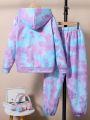 Teen Girls' Letter Print Tie Dye Inner Lined Hoodie And Sports Pants Two Piece Set For Warmth