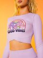 SHEIN X Care Bears Letter Cartoon Bear Graphic Sports Sets Long Sleeve Tee & Leggings