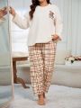 Bear Style Plush Sweater And Plaid Pants Set