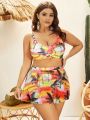 SHEIN Swim Vcay Plus Size Tropical Printed Bikini Set With Cross Detailing + Swim Skirt