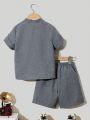 SHEIN Kids EVRYDAY Toddler Boys' Casual Stand Collar Short Sleeve Shirt And Rolled Hem Woven Shorts Set