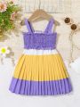 SHEIN Baby Girl'S Summer Vacation Shirred Color Block Sundress With Ruffle Straps