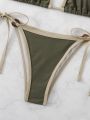 SHEIN Swim Basics Ladies' Single Color Bikini Set With Trim Details - Halter Triangle Bralette And Side Tie Bottom Swimsuit
