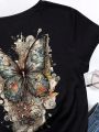 Plus Size Flower & Butterfly Printed T-Shirt