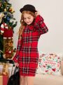 SHEIN Kids FANZEY Tween Girl 1pc Plaid Print Bow Front Flounce Sleeve Dress