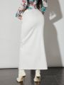 SHEIN BAE White Clean-Colored Asymmetrical Hem High Slit Denim Maxi Skirt With Low Waist Design For Summer Going Out