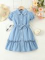 Girls' Spring Romantic And Cute Light Blue Bubble Sleeve Denim Dress Of A-Line Silhouette With Ruffle Edge And Belt