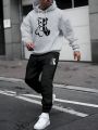 Men Bear Print Drawstring Hoodie & Sweatpants