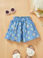 SHEIN Baby Girl'S Casual Flower Patterned, Bow-Knot Elastic Waist, Denim-Like Shorts