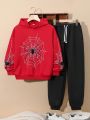 SHEIN Kids HYPEME Tween Boy Spider Web Print Hoodie & Drawstring Waist Sweatpants