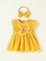 SHEIN Newborn Baby Girl Floral Embroidery Ruffle Trim Bow Front Dress