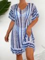 SHEIN Swim BohoFeel 1pc Women'S Tie-Dye Cover Up Dress With Flounce Sleeve Opening