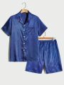 Men Striped Jacquard Satin Shirt & Shorts Lounge Set