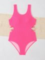 Big Girls' One-piece Swimsuit With Special Fabric And Hollow Out Waist Design