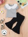 SHEIN 2pcs Baby Girls' Casual Wear Striped Top With Doll Collar & Basic Flared Trousers Spring/Summer Outfits