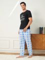 Men's Round Neck Black Short Sleeve Grid Print Long Pants Homewear Set