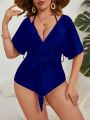 SHEIN Swim Classy Plus Plain Belted Halter One Piece Swimsuit