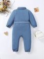 Baby Girls' Elegant Bubble-Sleeve Denim Jumpsuit With Button And Distressed Details For Fall