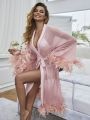 Fuzzy Trim Belted Mesh Sleep Robe Without Lingerie