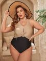 SHEIN Swim Chicsea Plus Size Metallic Finish One-Piece Swimsuit With Drawstring