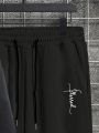 Plus Size Men's Letter Print Hooded Sweatshirt And Sweatpants Set With Drawstring