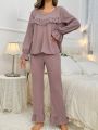 Lace Embellished Bell Sleeve Top & Pants Pajama Set