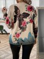 Plus Butterfly & Floral Pattern Drop Shoulder Sweater