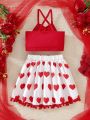 SHEIN Kids CHARMNG Toddler Girls' Romantic & Gorgeous Beaded Halter Neck Vest With Pom Pom & Lace & Heart Detail Skirt 2pcs Set For Spring & Summer